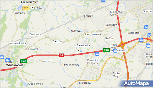 mapa Baranowice gmina Kąty Wrocławskie, Baranowice gmina Kąty Wrocławskie na mapie Targeo