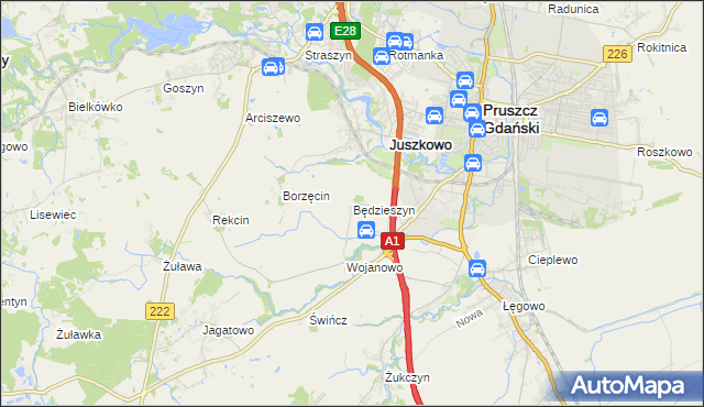 mapa Będzieszyn gmina Pruszcz Gdański, Będzieszyn gmina Pruszcz Gdański na mapie Targeo