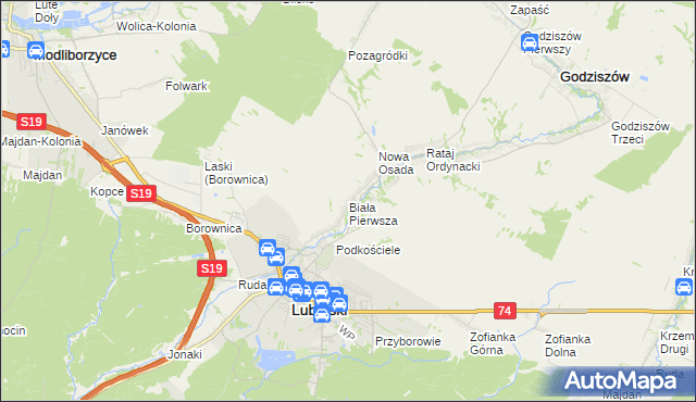 mapa Biała Pierwsza gmina Janów Lubelski, Biała Pierwsza gmina Janów Lubelski na mapie Targeo