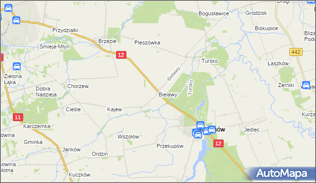 mapa Bielawy gmina Gołuchów, Bielawy gmina Gołuchów na mapie Targeo