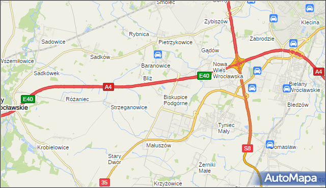 mapa Biskupice Podgórne, Biskupice Podgórne na mapie Targeo