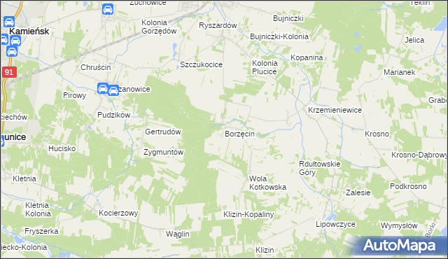 mapa Borzęcin gmina Gorzkowice, Borzęcin gmina Gorzkowice na mapie Targeo