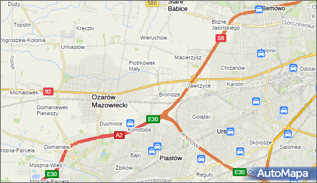 mapa Bronisze gmina Ożarów Mazowiecki, Bronisze gmina Ożarów Mazowiecki na mapie Targeo