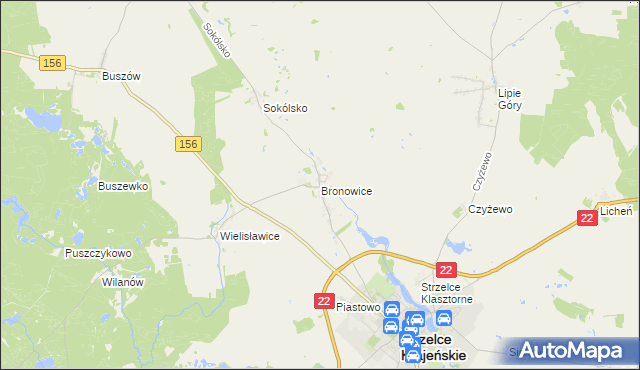mapa Bronowice gmina Strzelce Krajeńskie, Bronowice gmina Strzelce Krajeńskie na mapie Targeo