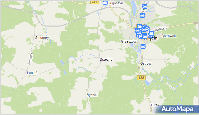 mapa Brzeźno gmina Sulęcin, Brzeźno gmina Sulęcin na mapie Targeo