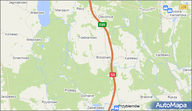 mapa Brzozowo gmina Przybiernów, Brzozowo gmina Przybiernów na mapie Targeo