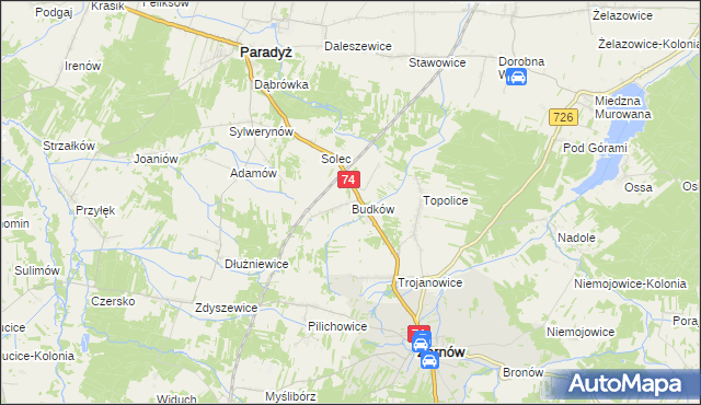 mapa Budków gmina Żarnów, Budków gmina Żarnów na mapie Targeo