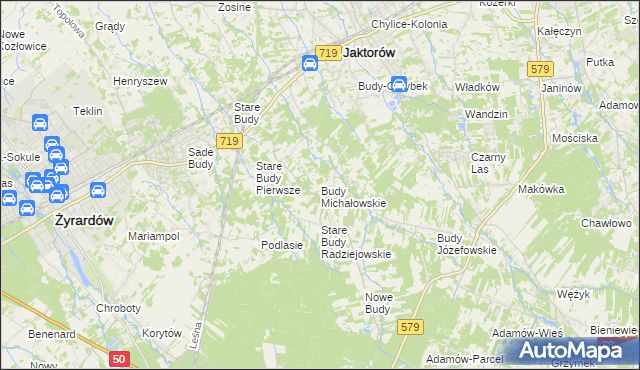 mapa Budy Michałowskie gmina Jaktorów, Budy Michałowskie gmina Jaktorów na mapie Targeo