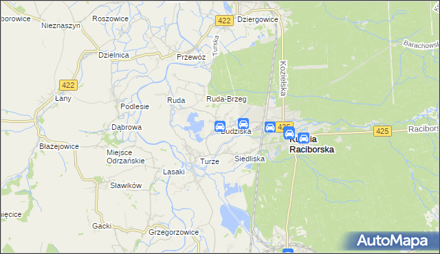 mapa Budziska gmina Kuźnia Raciborska, Budziska gmina Kuźnia Raciborska na mapie Targeo