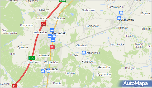 mapa Chruścin gmina Gomunice, Chruścin gmina Gomunice na mapie Targeo