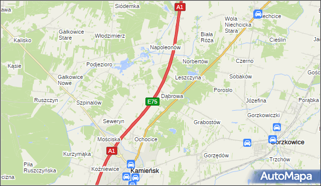mapa Dąbrowa gmina Kamieńsk, Dąbrowa gmina Kamieńsk na mapie Targeo