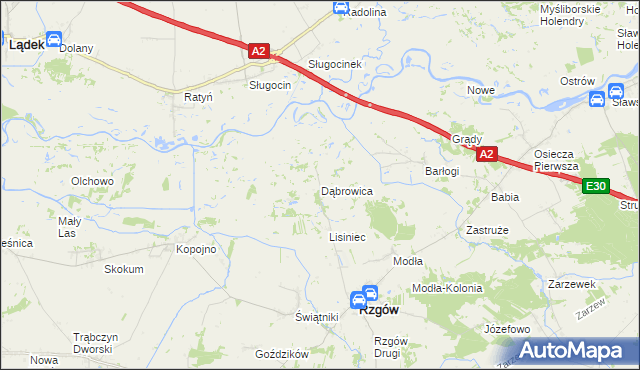 mapa Dąbrowica gmina Rzgów, Dąbrowica gmina Rzgów na mapie Targeo