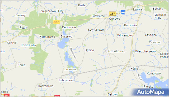 mapa Dębina gmina Pniewy, Dębina gmina Pniewy na mapie Targeo