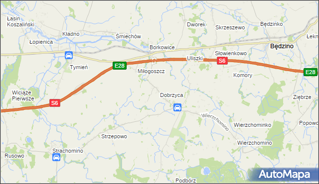 mapa Dobrzyca gmina Będzino, Dobrzyca gmina Będzino na mapie Targeo