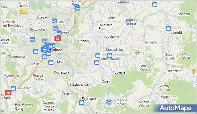 mapa Dominikowice gmina Gorlice, Dominikowice gmina Gorlice na mapie Targeo