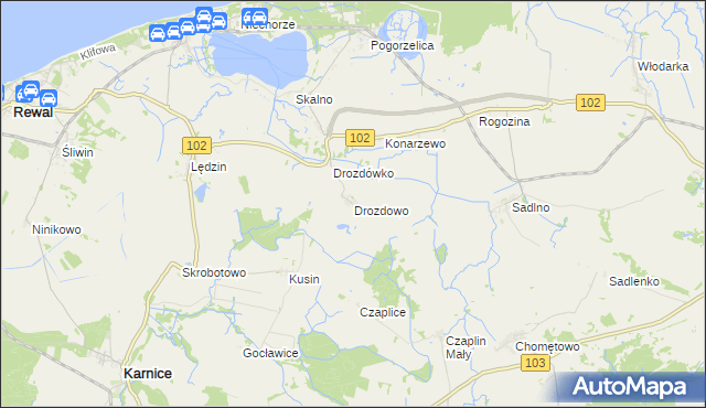 mapa Drozdowo gmina Karnice, Drozdowo gmina Karnice na mapie Targeo