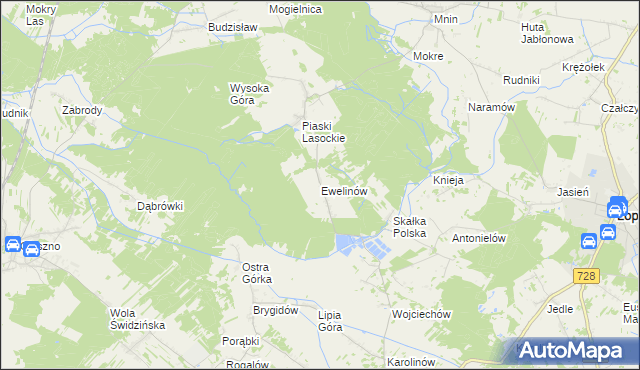 mapa Ewelinów gmina Łopuszno, Ewelinów gmina Łopuszno na mapie Targeo