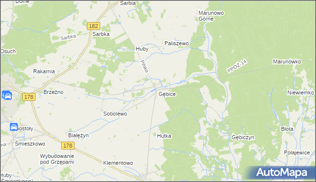 mapa Gębice gmina Czarnków, Gębice gmina Czarnków na mapie Targeo