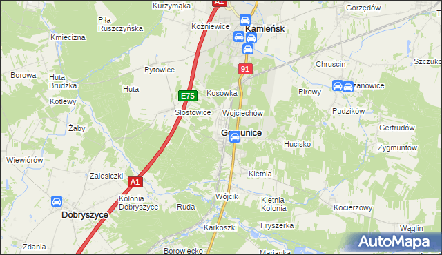 mapa Gomunice, Gomunice na mapie Targeo