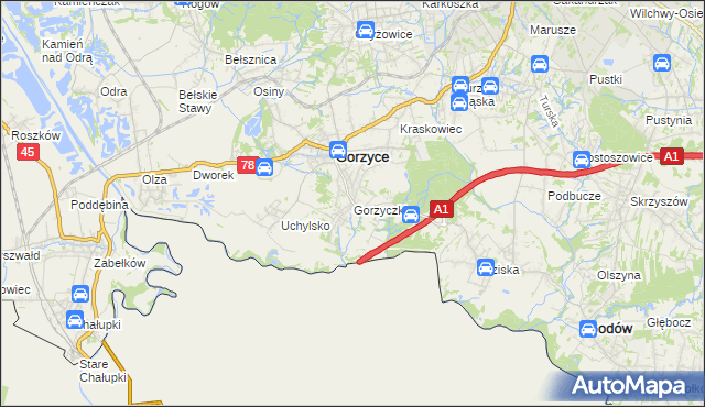 mapa Gorzyczki gmina Gorzyce, Gorzyczki gmina Gorzyce na mapie Targeo