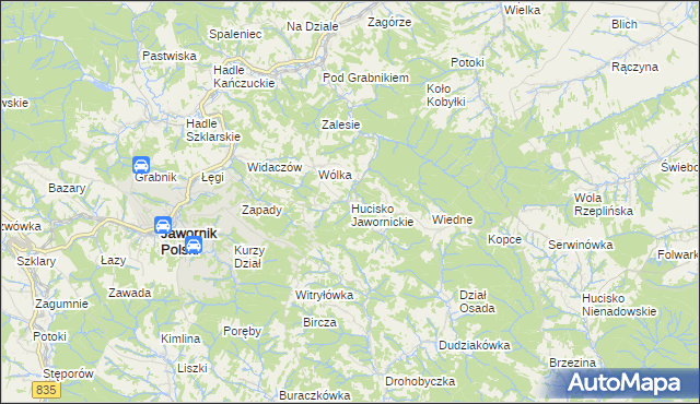 mapa Hucisko Jawornickie, Hucisko Jawornickie na mapie Targeo