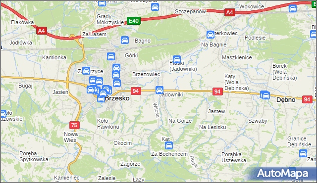 mapa Jadowniki gmina Brzesko, Jadowniki gmina Brzesko na mapie Targeo