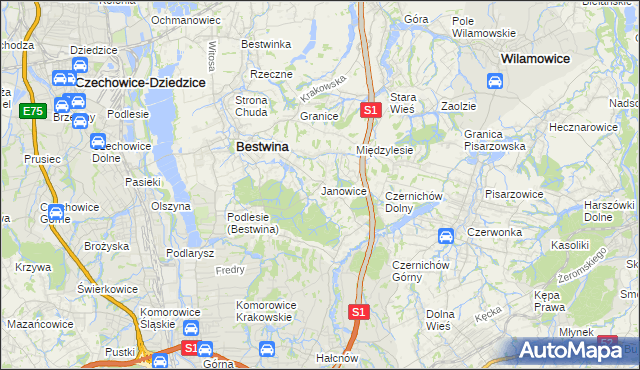mapa Janowice gmina Bestwina, Janowice gmina Bestwina na mapie Targeo