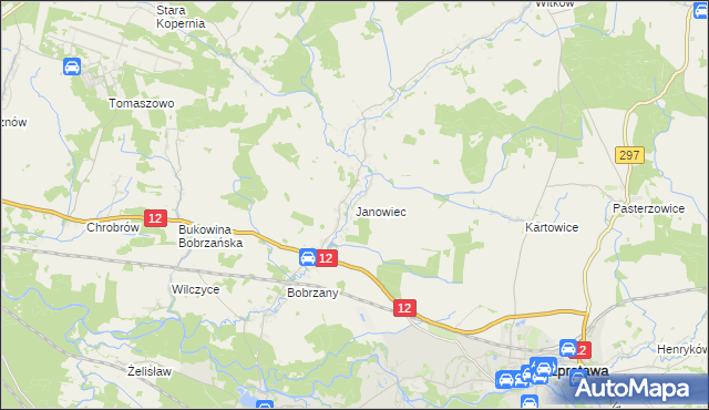 mapa Janowiec gmina Małomice, Janowiec gmina Małomice na mapie Targeo