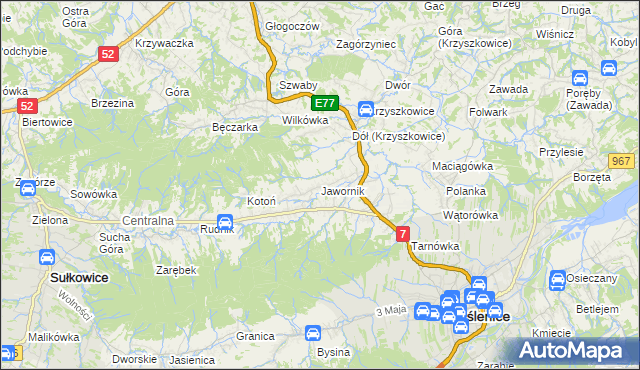 mapa Jawornik gmina Myślenice, Jawornik gmina Myślenice na mapie Targeo