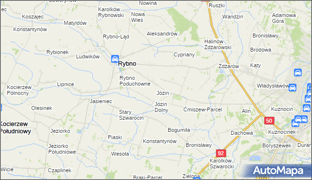 mapa Józin gmina Rybno, Józin gmina Rybno na mapie Targeo