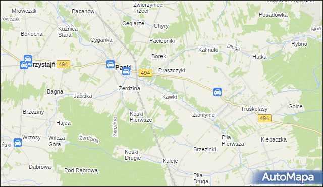 mapa Kawki gmina Panki, Kawki gmina Panki na mapie Targeo