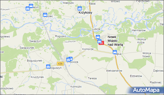 mapa Komorze gmina Nowe Miasto nad Wartą, Komorze gmina Nowe Miasto nad Wartą na mapie Targeo