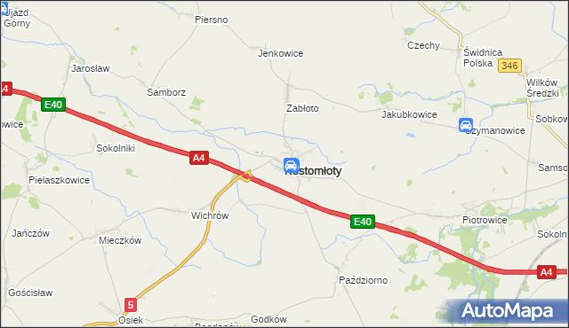 mapa Kostomłoty powiat średzki, Kostomłoty powiat średzki na mapie Targeo