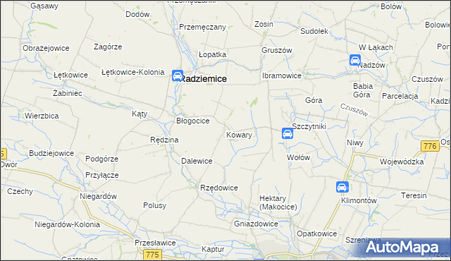 mapa Kowary gmina Radziemice, Kowary gmina Radziemice na mapie Targeo