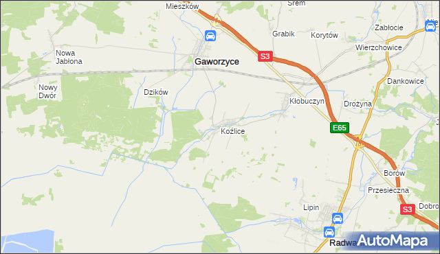 mapa Koźlice gmina Gaworzyce, Koźlice gmina Gaworzyce na mapie Targeo