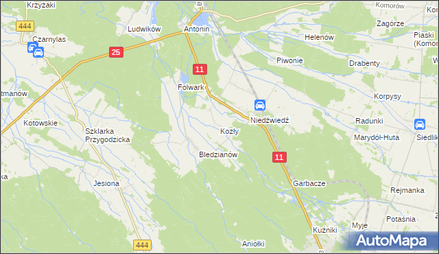 mapa Kozły gmina Ostrzeszów, Kozły gmina Ostrzeszów na mapie Targeo