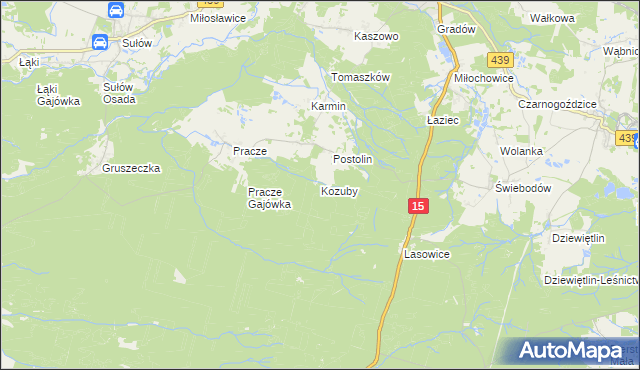 mapa Kozuby gmina Milicz, Kozuby gmina Milicz na mapie Targeo