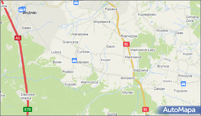 mapa Krusin gmina Koziegłowy, Krusin gmina Koziegłowy na mapie Targeo