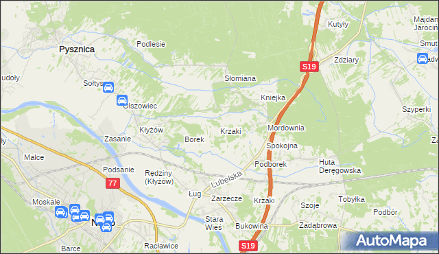 mapa Krzaki gmina Pysznica, Krzaki gmina Pysznica na mapie Targeo