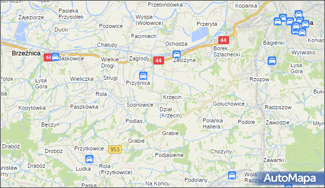 mapa Krzęcin gmina Skawina, Krzęcin gmina Skawina na mapie Targeo