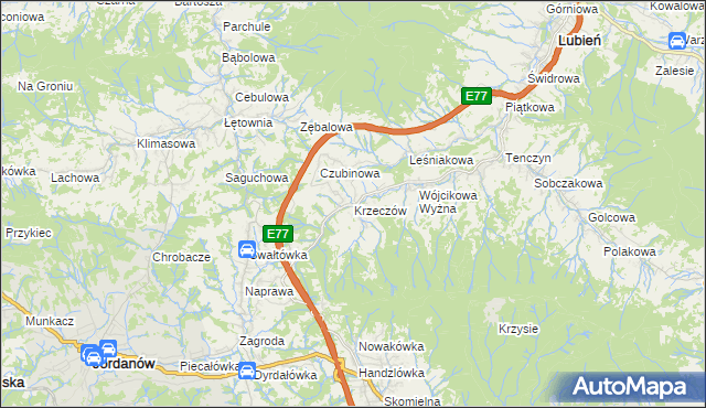 mapa Krzeczów gmina Lubień, Krzeczów gmina Lubień na mapie Targeo