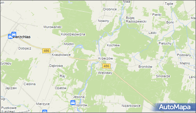 mapa Krzeczów gmina Wierzchlas, Krzeczów gmina Wierzchlas na mapie Targeo