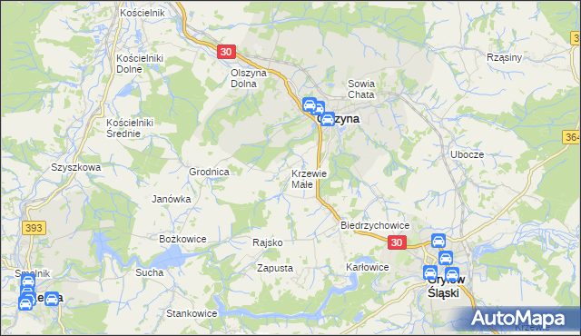mapa Krzewie Małe, Krzewie Małe na mapie Targeo