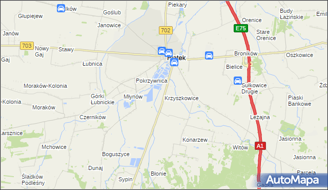 mapa Krzyszkowice gmina Piątek, Krzyszkowice gmina Piątek na mapie Targeo