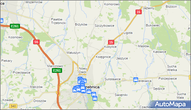 mapa Księginice gmina Trzebnica, Księginice gmina Trzebnica na mapie Targeo