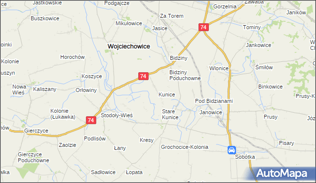 mapa Kunice gmina Wojciechowice, Kunice gmina Wojciechowice na mapie Targeo