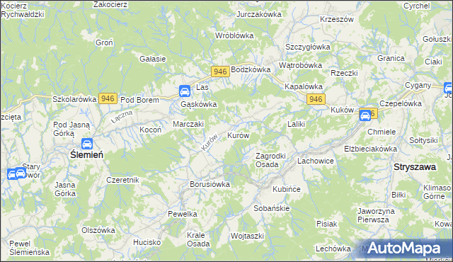 mapa Kurów gmina Stryszawa, Kurów gmina Stryszawa na mapie Targeo