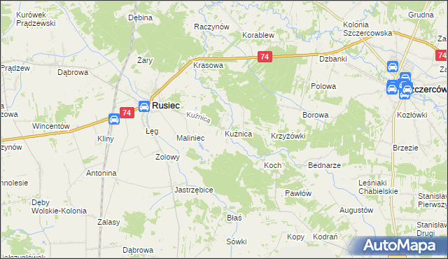 mapa Kuźnica gmina Rusiec, Kuźnica gmina Rusiec na mapie Targeo