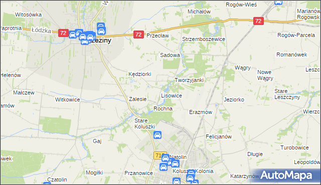 mapa Lisowice gmina Koluszki, Lisowice gmina Koluszki na mapie Targeo