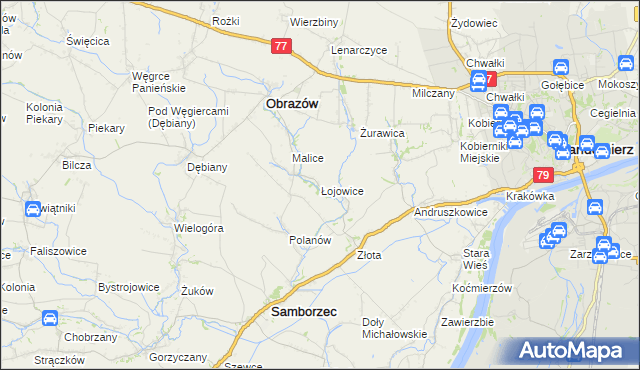 mapa Łojowice gmina Samborzec, Łojowice gmina Samborzec na mapie Targeo